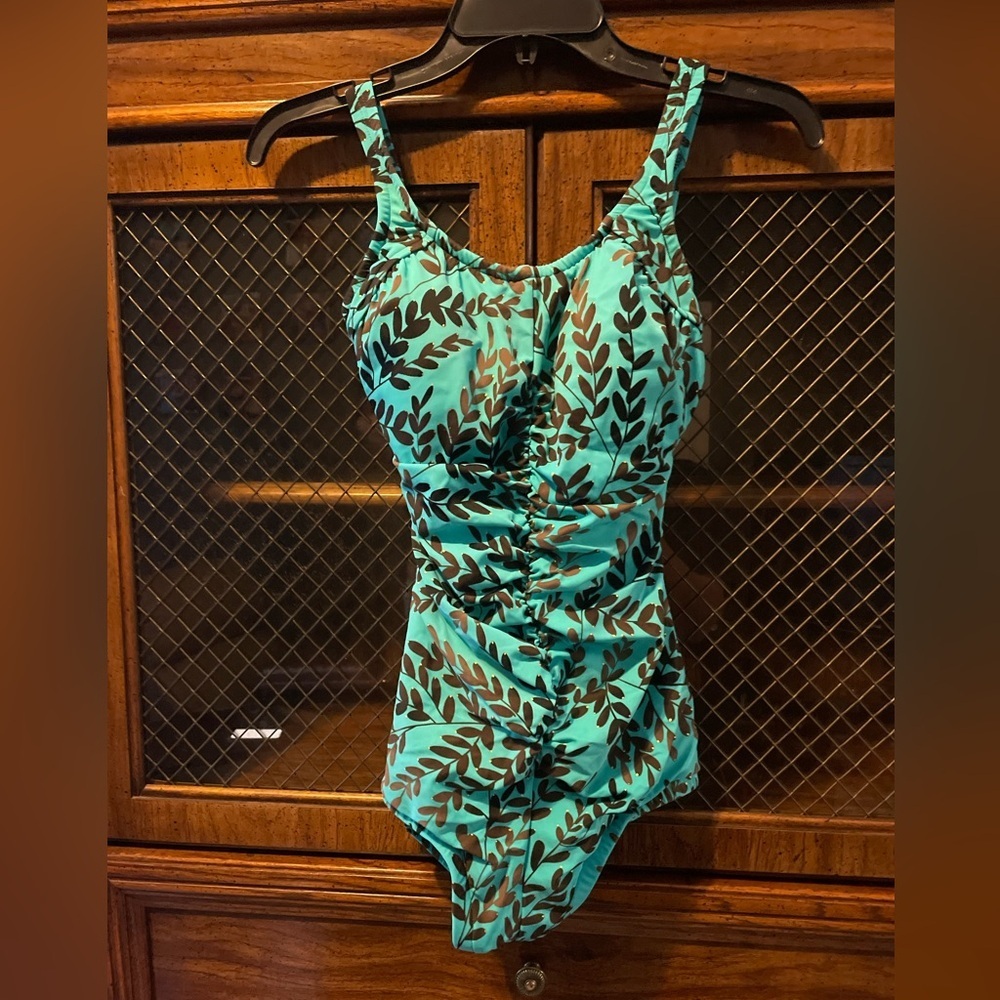 Womens One Piece Swimsuit - Green and Brown leaves size medium